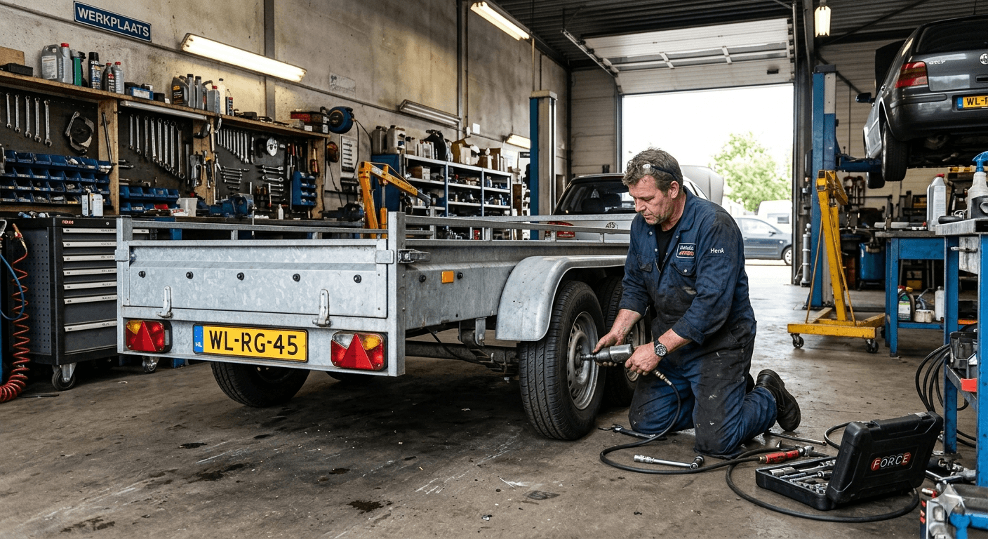 JWS Aanhangwagens monteur aan het werk aan een aanhanger reparatie in Zeewolde